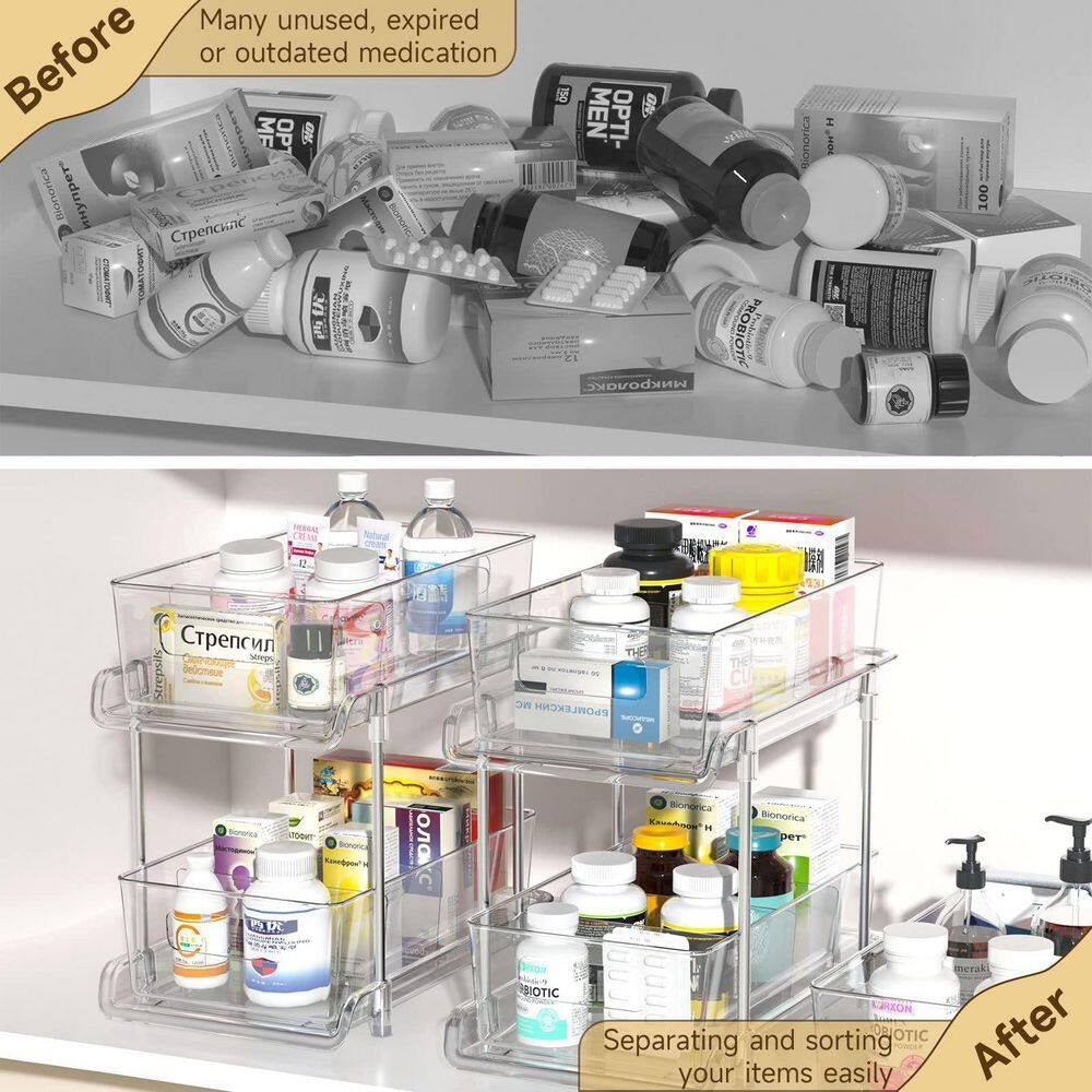 2-Pack 2-Tier Clear Plastic Pantry Organizer with Dividers, Pull-Out under Sink and Cabinet Organizer for Kitchen