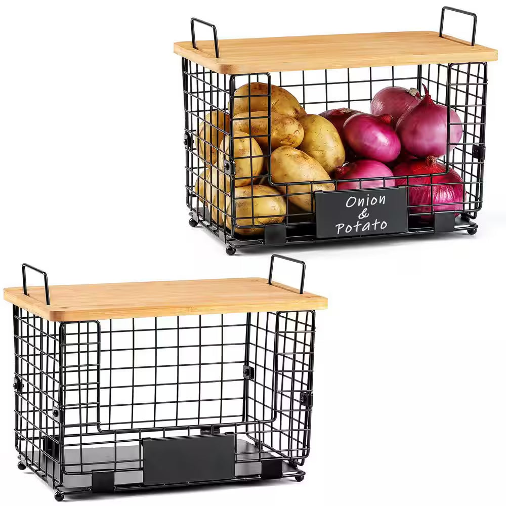 2-Piece Stackable Wire Baskets with Bamboo Tops, Pantry Organizer and Storage Bins, Kitchen Counter Cabinet Shelf