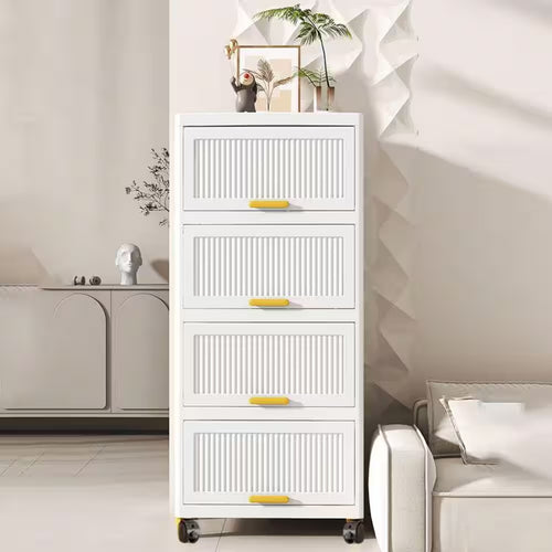 4-Layers Flip Open Storage Box with Wheels, Movable Storage Cabinet, Kitchen Shelf, Movable Storage Box-White