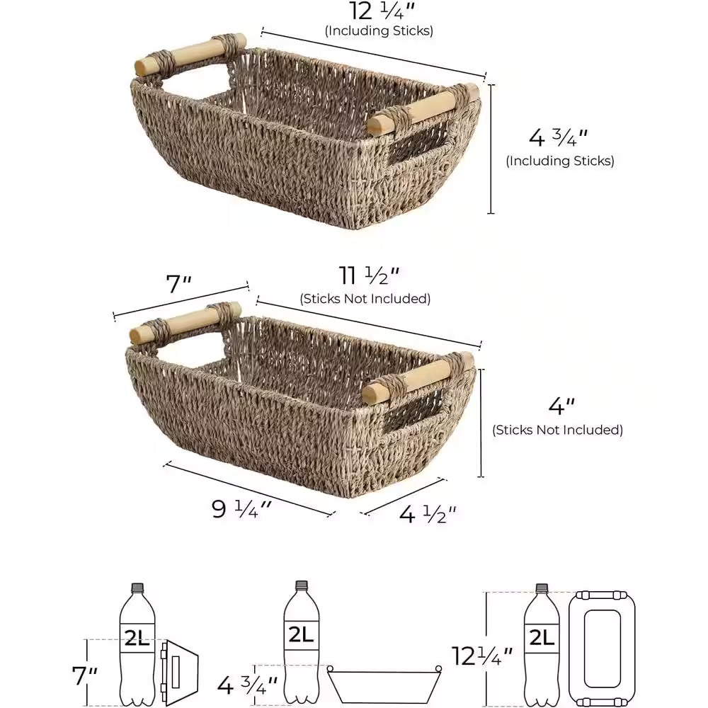 Small Wicker Baskets Handwoven for Storage, Seagrass Rattan with Wooden Handles, Set of 2