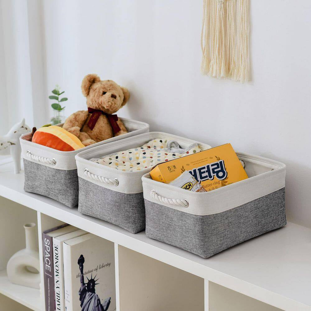 White & Grey 9.8 In. X 6.7 In. Fabric Collapsible Storage Bins Set of 3 for Home Organization