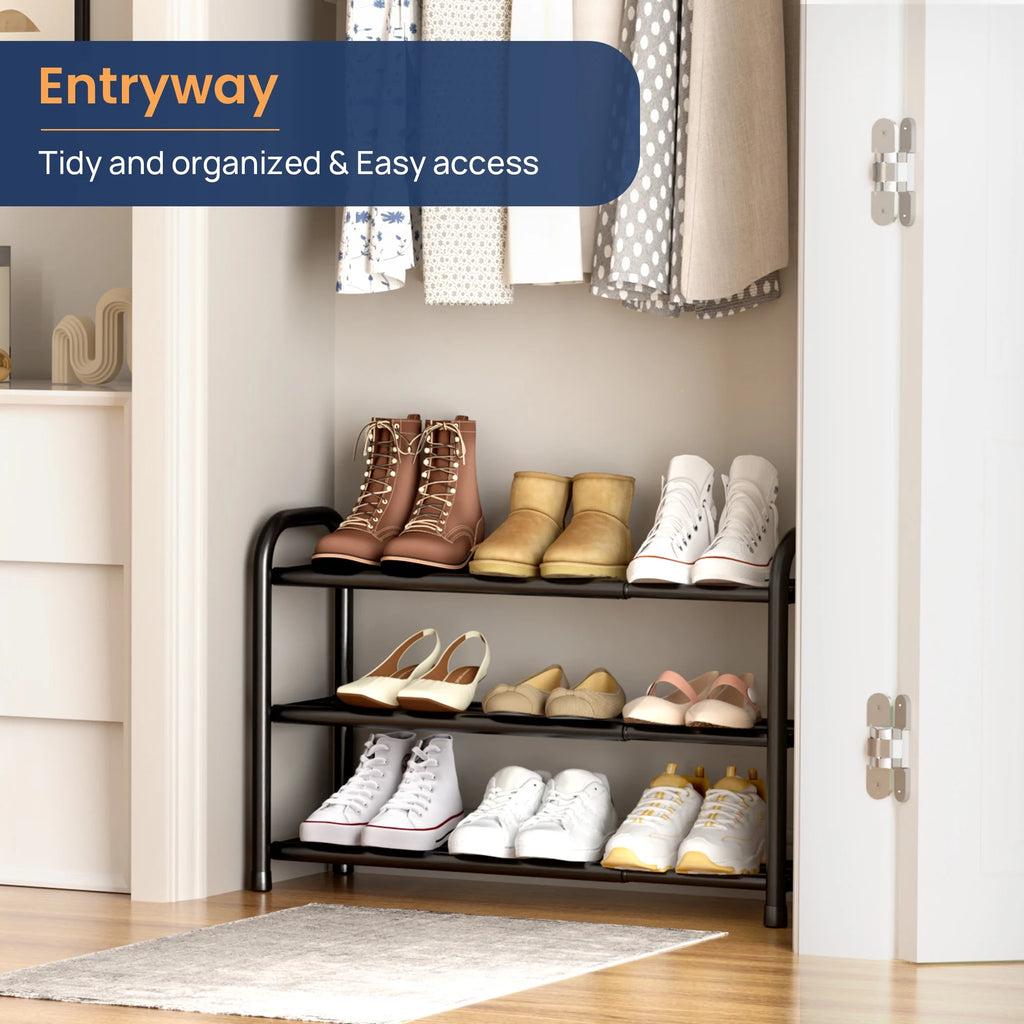 3 Tier Expandable Shoe Rack, Black Metal Shoe Shelf Organizer Storage for Closet, Space Saving Shoe Rack for Entrywa
