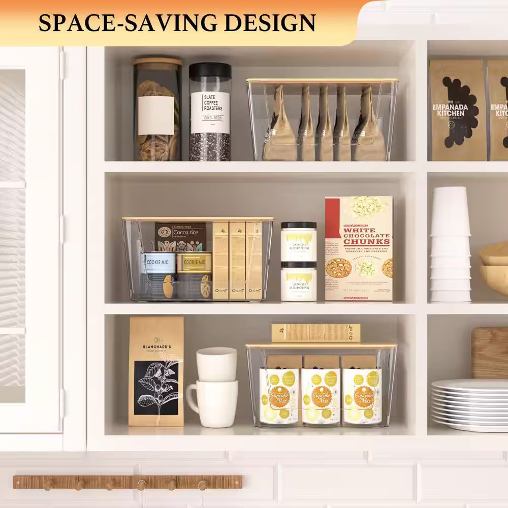 Clear 12In X 7In Acrylic Stackable Pantry Organizer with Bamboo Lid for Kitchen Storage and Home Organization