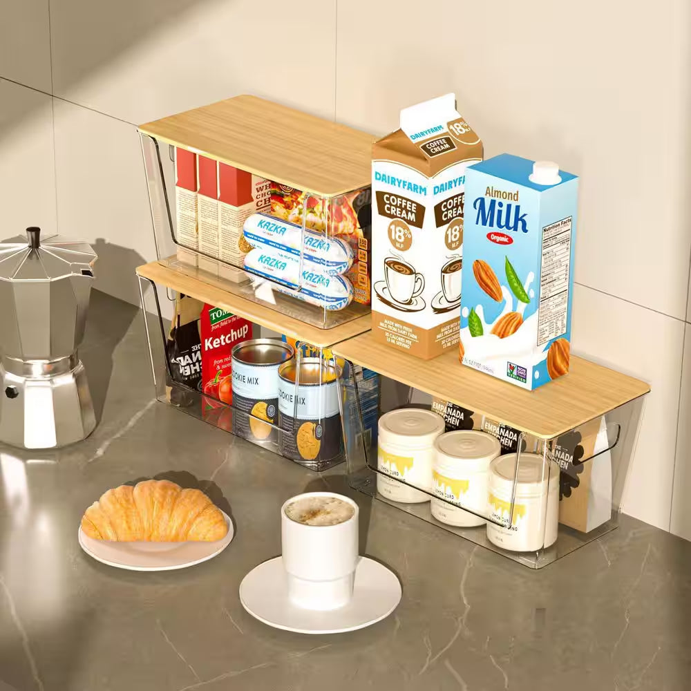 Clear 12In X 7In Acrylic Stackable Pantry Organizer with Bamboo Lid for Kitchen Storage and Home Organization