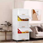 4-Layers Flip Open Storage Box with Wheels, Movable Storage Cabinet, Kitchen Shelf, Movable Storage Box-White