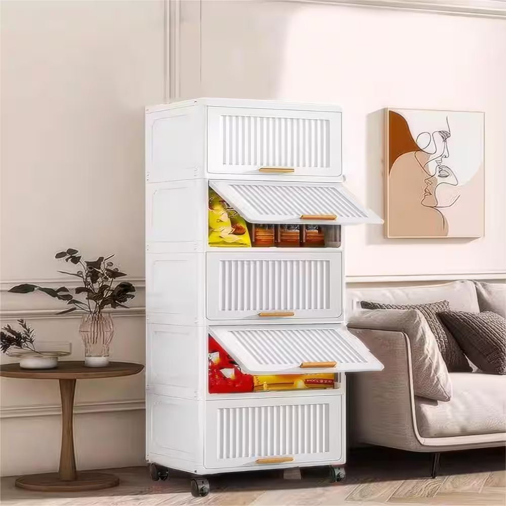 4-Layers Flip Open Storage Box with Wheels, Movable Storage Cabinet, Kitchen Shelf, Movable Storage Box-White