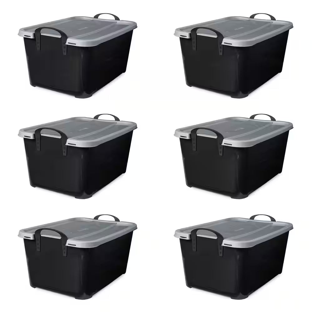 55 Qt Stackable Home Organization Lidded Storage Container in Black, (6 Pack)