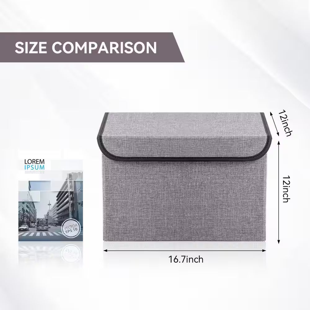 Gray 16.7 In. X 12 In. Linen Fabric Foldable Storage Bins with Lids Set of 3 for Home Organization