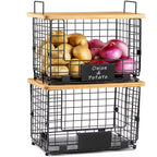2-Piece Stackable Wire Baskets with Bamboo Tops, Pantry Organizer and Storage Bins, Kitchen Counter Cabinet Shelf