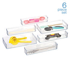 6-Piece Clear Plastic Drawer Storage Organizer Set, Kitchen, Desk and Bathroom Drawer Organizer Bins for Home Organization