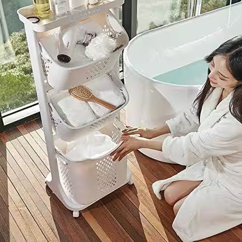 Freestanding Bathroom Multi-Layer Laundry Basket Storage Basket Household with 3-Baskets in White