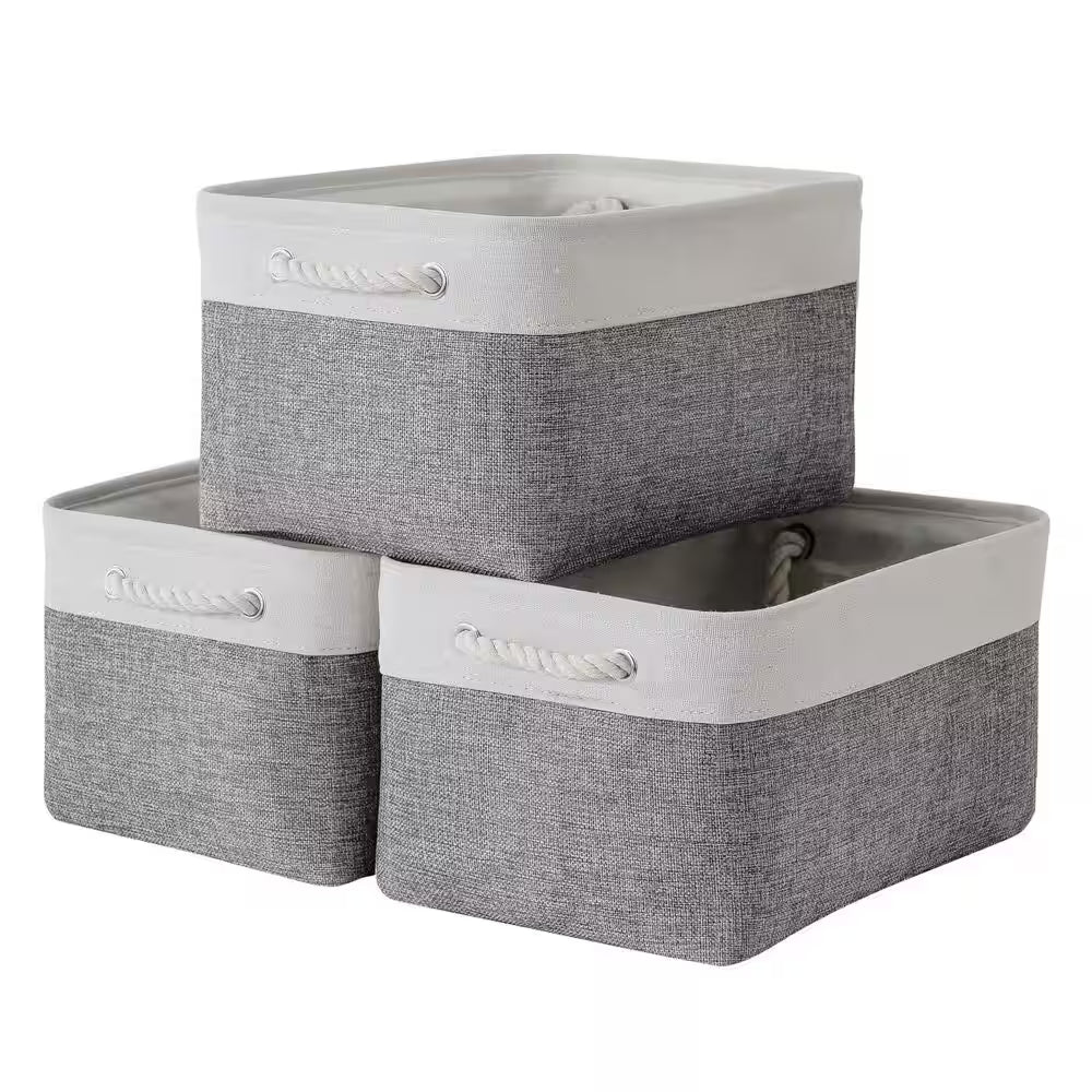 White & Grey 9.8 In. X 6.7 In. Fabric Collapsible Storage Bins Set of 3 for Home Organization