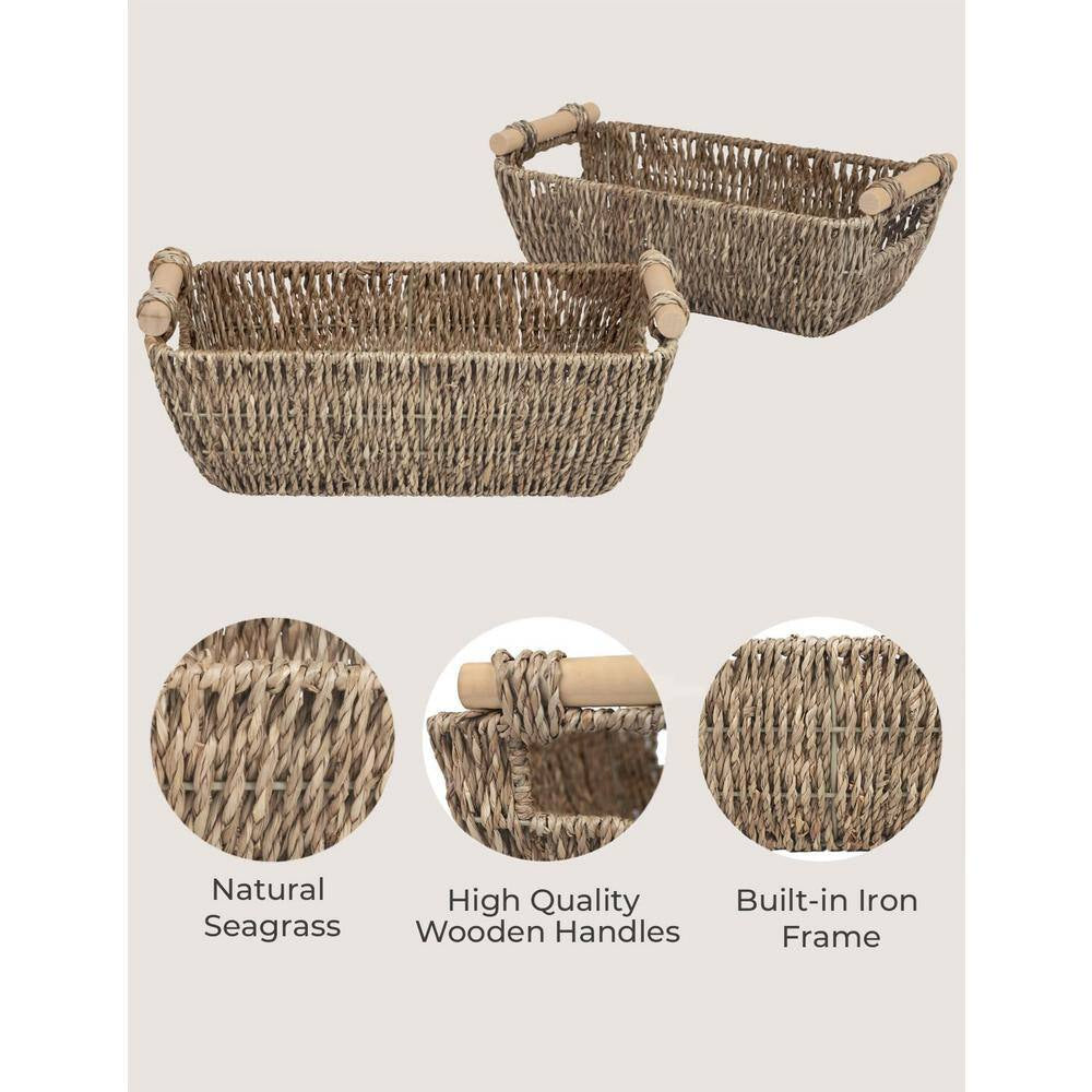 Small Wicker Baskets Handwoven for Storage, Seagrass Rattan with Wooden Handles, Set of 2