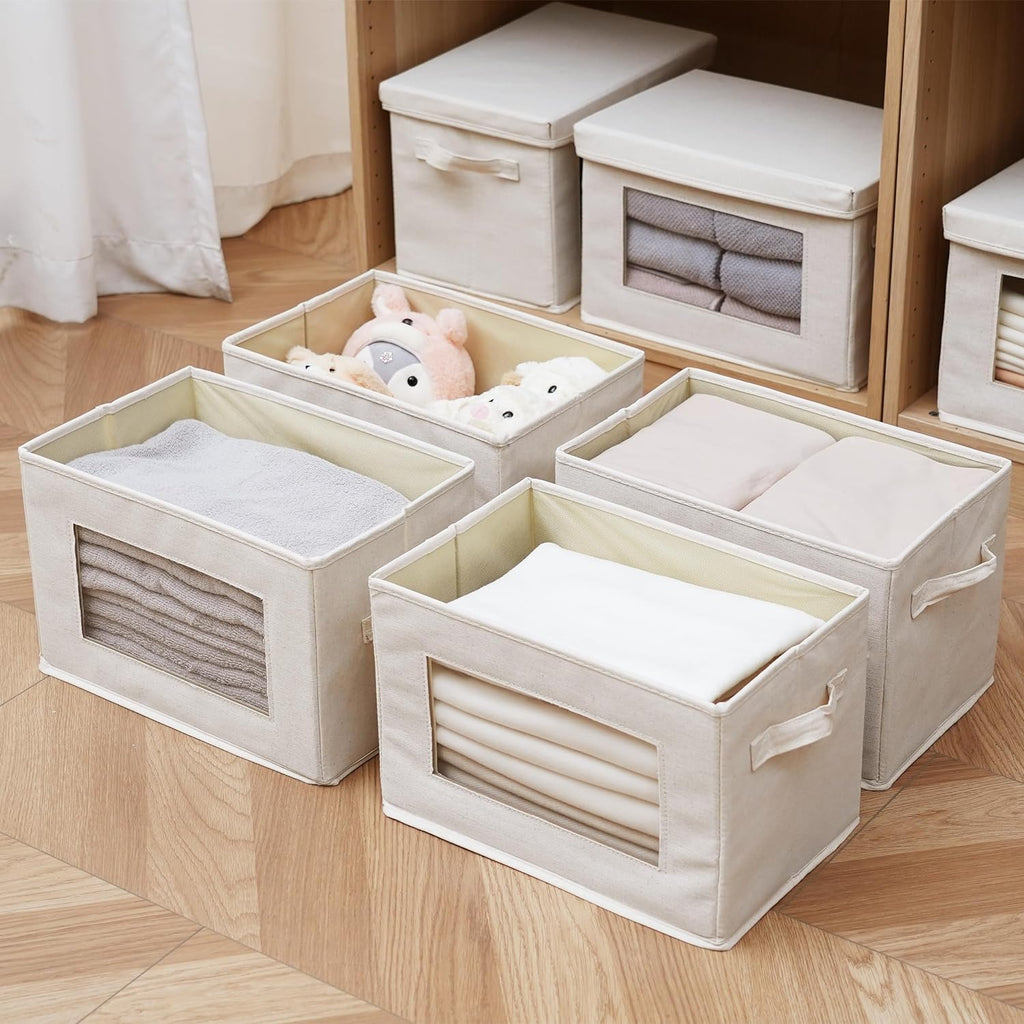 Citylife Collapsible Fabric Clothes Storage Bin with Handle Lid Large Foldable Box Basket for Closet 17"×11.8"×11.8" 3 Pack Biege