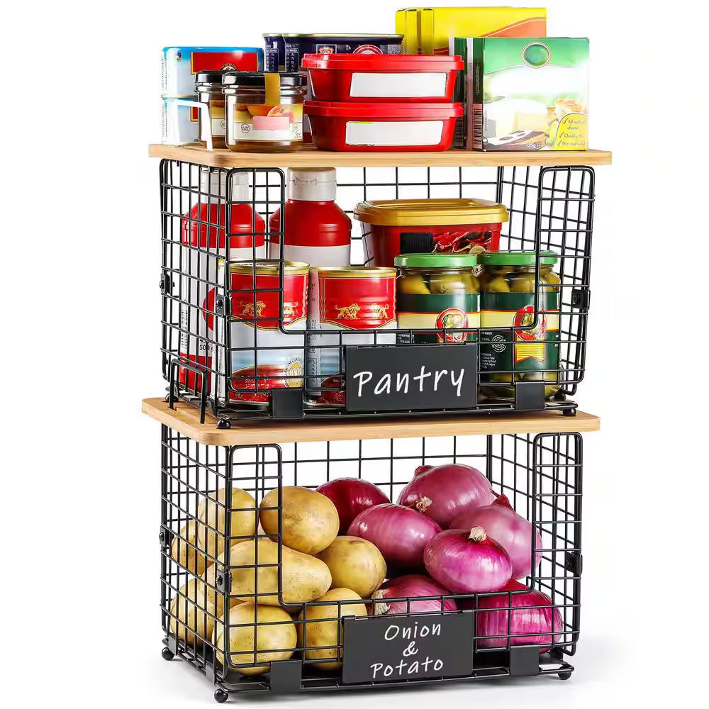 2-Piece Stackable Wire Baskets with Bamboo Tops, Pantry Organizer and Storage Bins, Kitchen Counter Cabinet Shelf