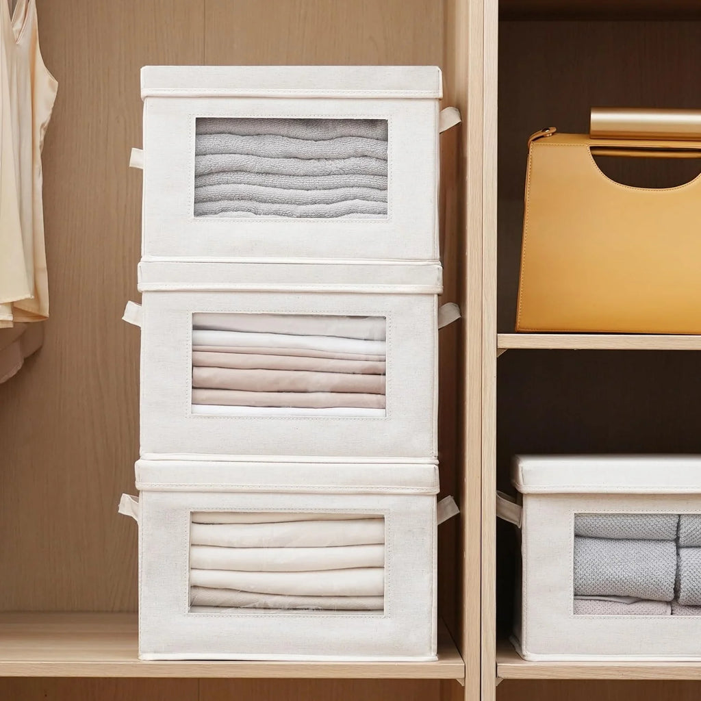 Citylife Collapsible Fabric Clothes Storage Bin with Handle Lid Large Foldable Box Basket for Closet 17"×11.8"×11.8" 3 Pack Biege