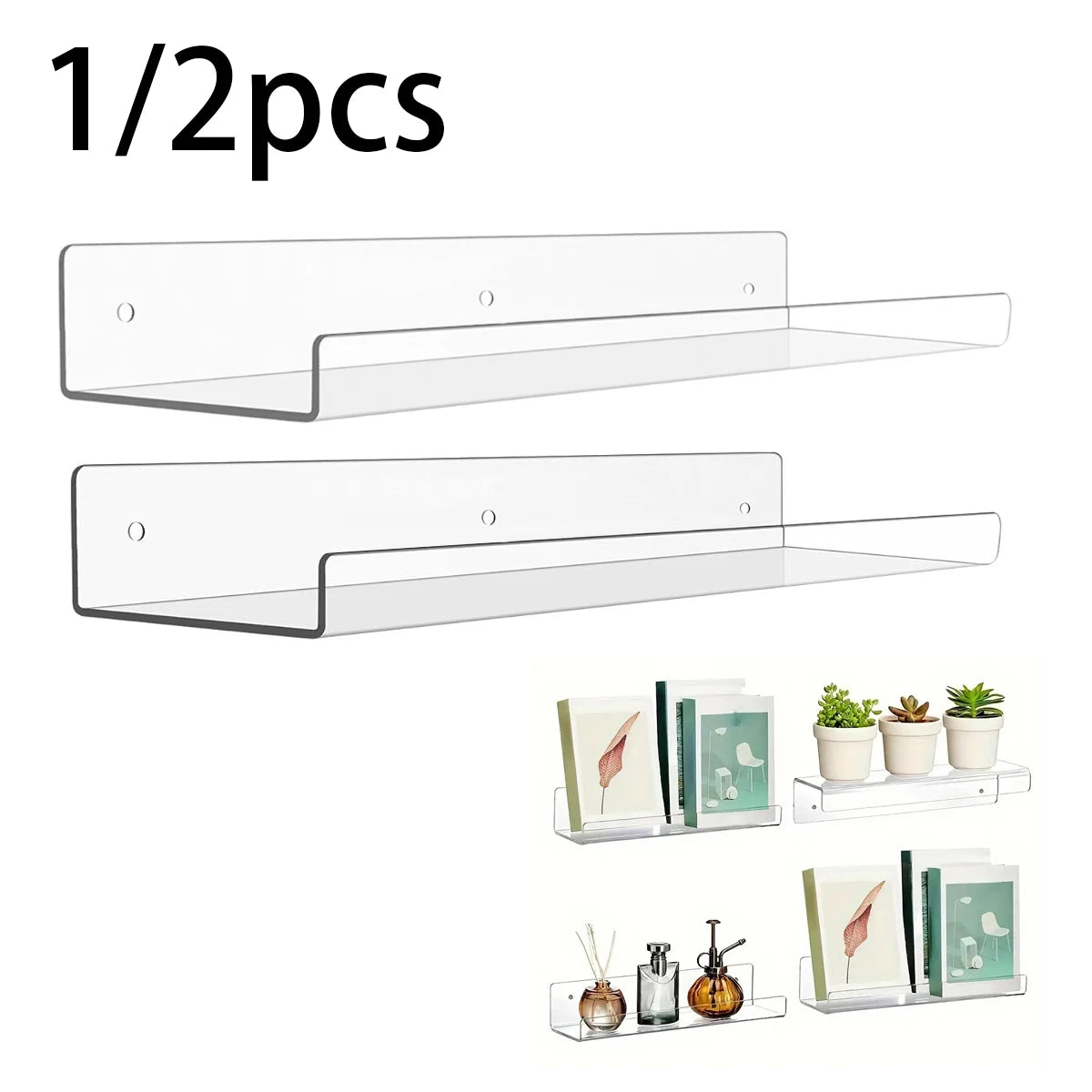 1/2Pcs 11.8Inch Clear Acrylic Shelves, Wall Mounted Storage for Kitchen, Bathroom, Office - Home Organization and Decor