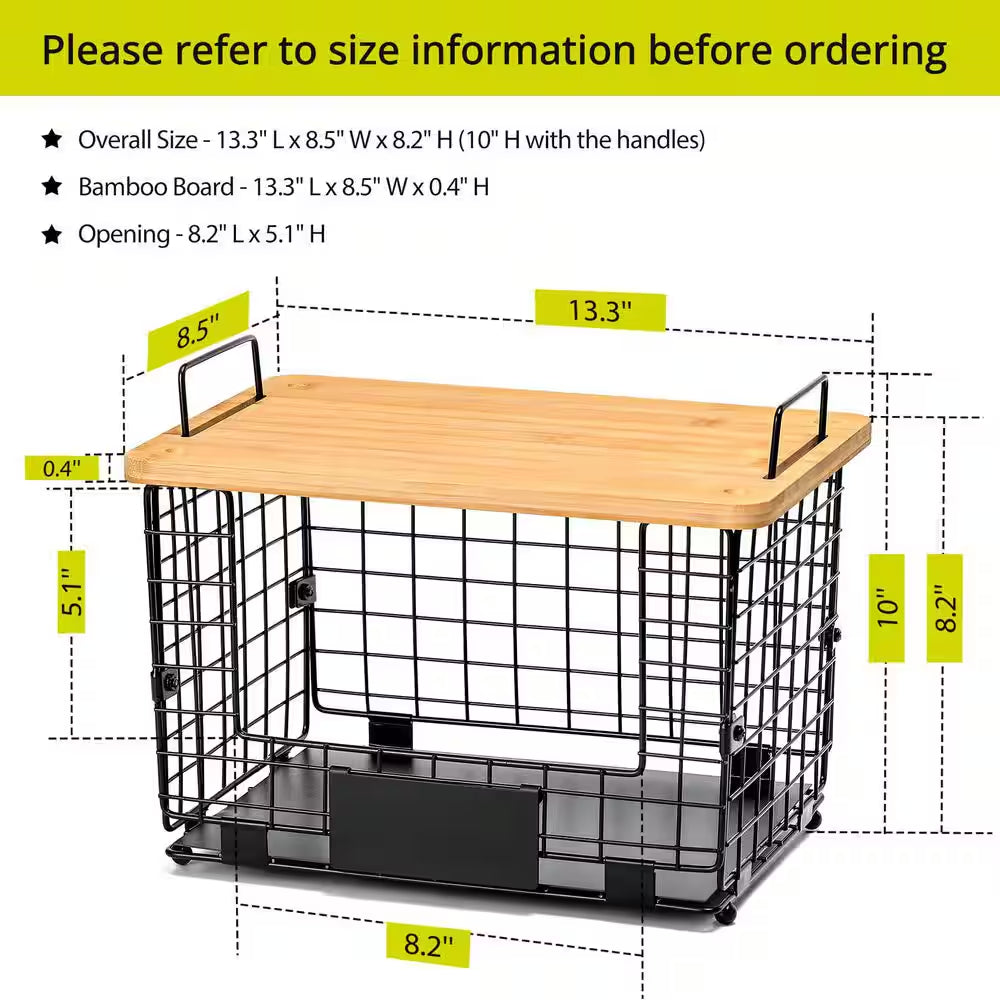 2-Piece Stackable Wire Baskets with Bamboo Tops, Pantry Organizer and Storage Bins, Kitchen Counter Cabinet Shelf
