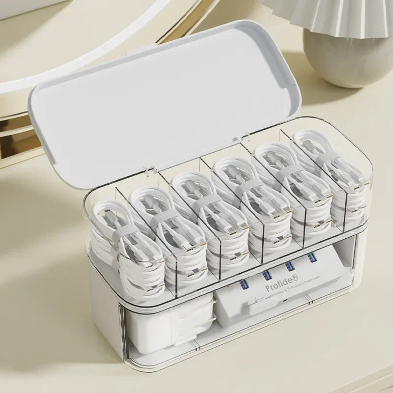 Compact Transparent Desktop Cable Organizer Box with Lid-No Power Needed Cord and Charger Storage Solution for Home Organization