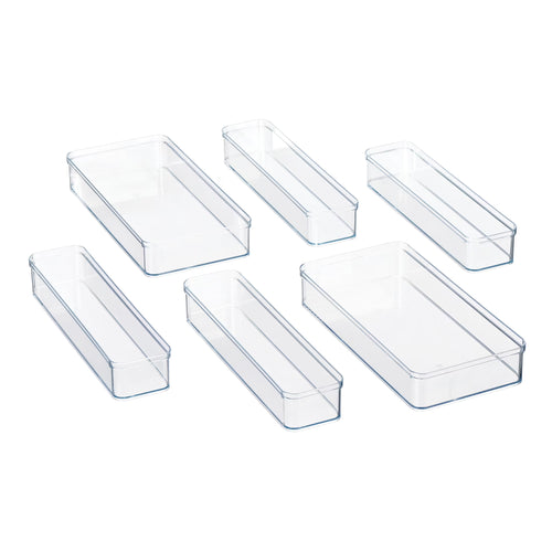 6-Piece Clear Plastic Drawer Storage Organizer Set, Kitchen, Desk and Bathroom Drawer Organizer Bins for Home Organization