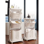 Freestanding Bathroom Multi-Layer Laundry Basket Storage Basket Household with 3-Baskets in White