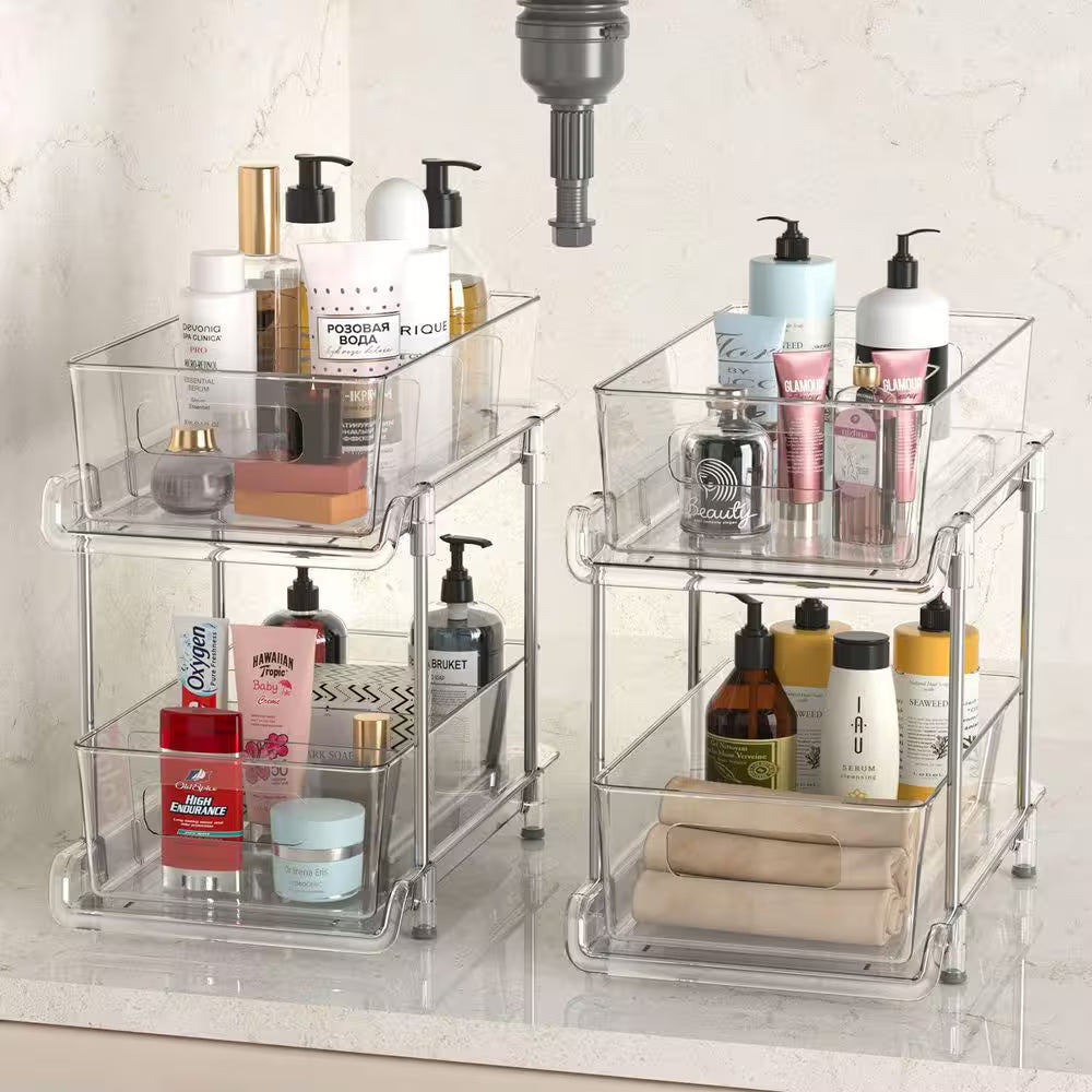 2-Pack 2-Tier Clear Plastic Pantry Organizer with Dividers, Pull-Out under Sink and Cabinet Organizer for Kitchen