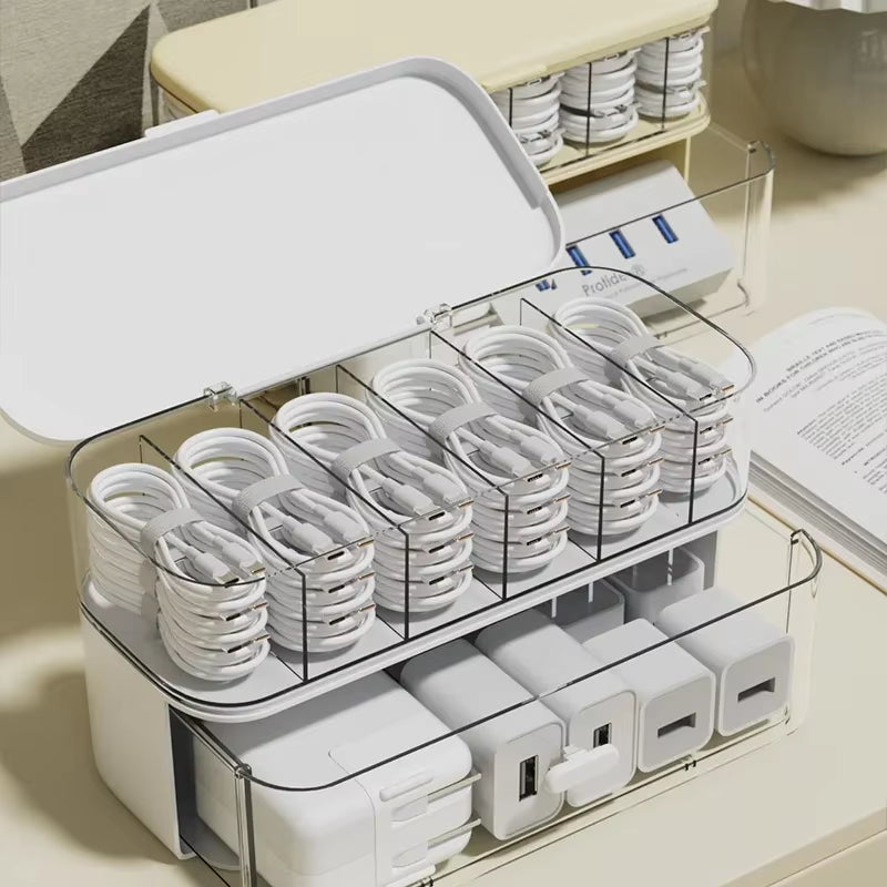 Compact Transparent Desktop Cable Organizer Box with Lid-No Power Needed Cord and Charger Storage Solution for Home Organization