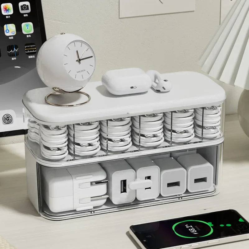 Compact Transparent Desktop Cable Organizer Box with Lid-No Power Needed Cord and Charger Storage Solution for Home Organization