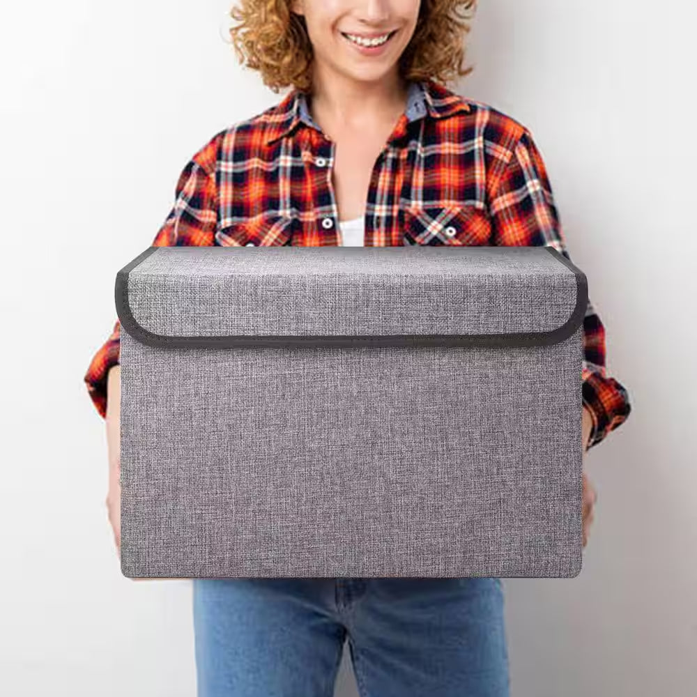 Gray 16.7 In. X 12 In. Linen Fabric Foldable Storage Bins with Lids Set of 3 for Home Organization