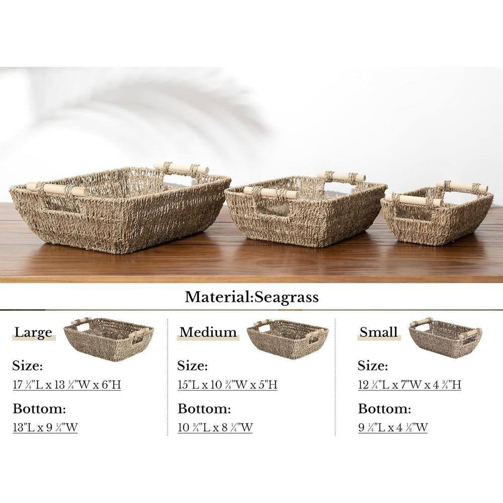 Small Wicker Baskets Handwoven for Storage, Seagrass Rattan with Wooden Handles, Set of 2