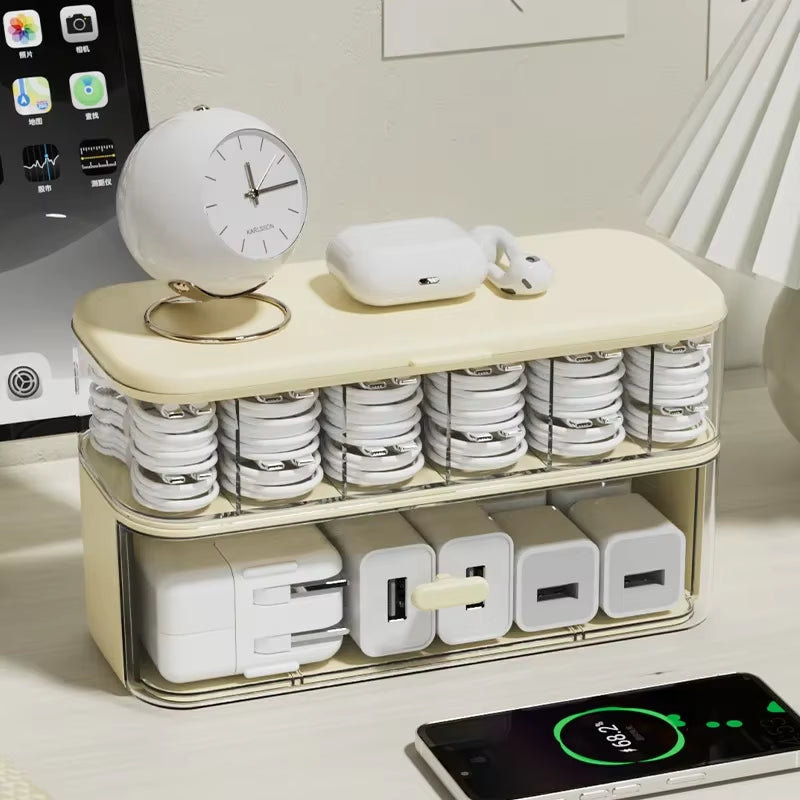 Compact Transparent Desktop Cable Organizer Box with Lid-No Power Needed Cord and Charger Storage Solution for Home Organization