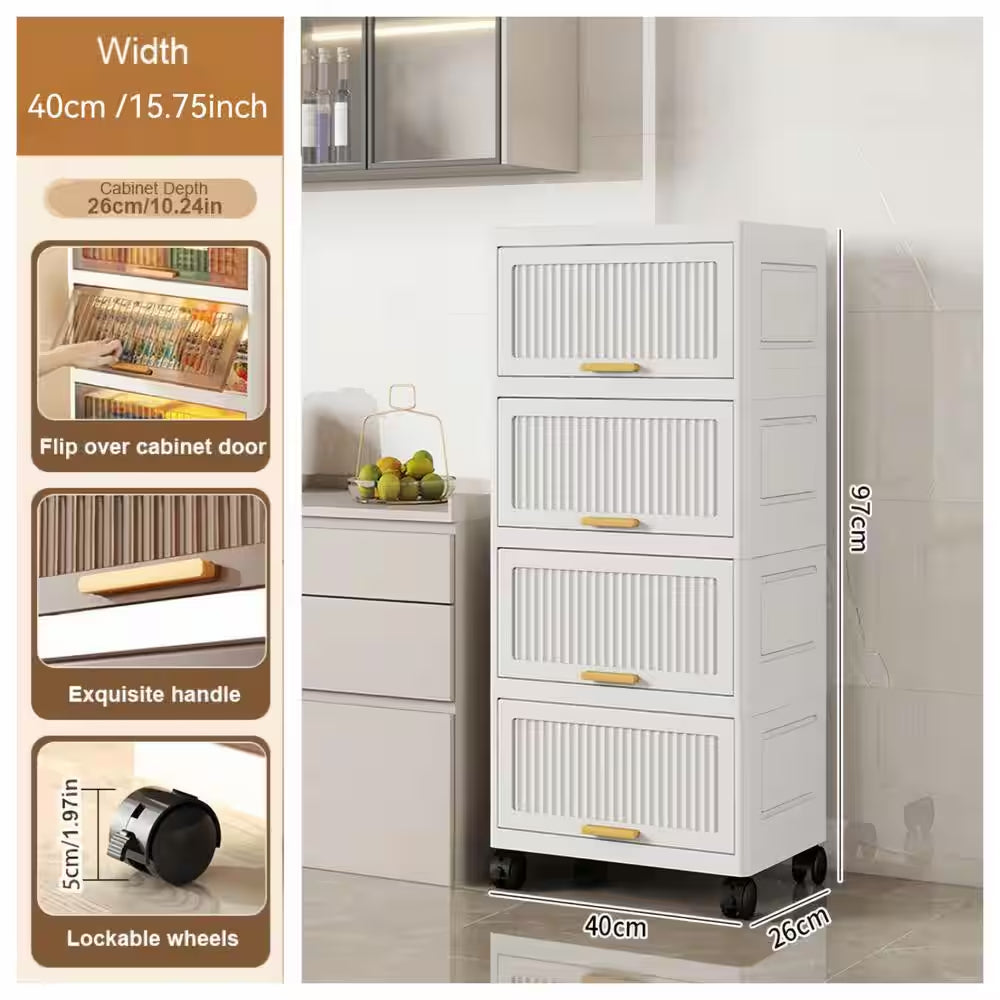 4-Layers Flip Open Storage Box with Wheels, Movable Storage Cabinet, Kitchen Shelf, Movable Storage Box-White