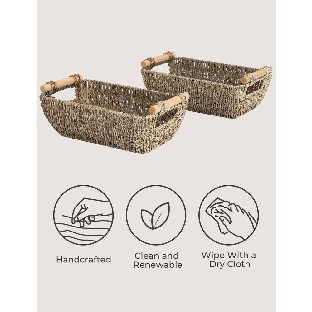 Small Wicker Baskets Handwoven for Storage, Seagrass Rattan with Wooden Handles, Set of 2