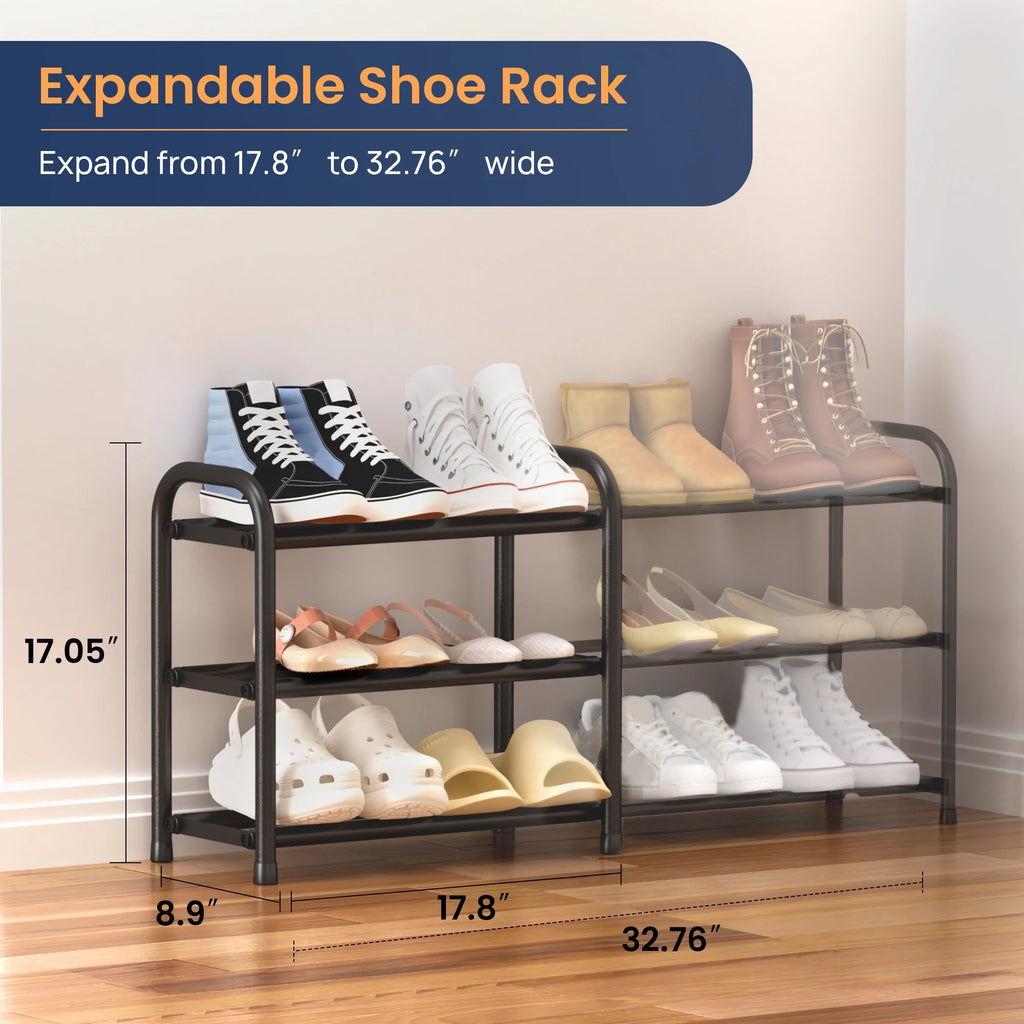 3 Tier Expandable Shoe Rack, Black Metal Shoe Shelf Organizer Storage for Closet, Space Saving Shoe Rack for Entrywa