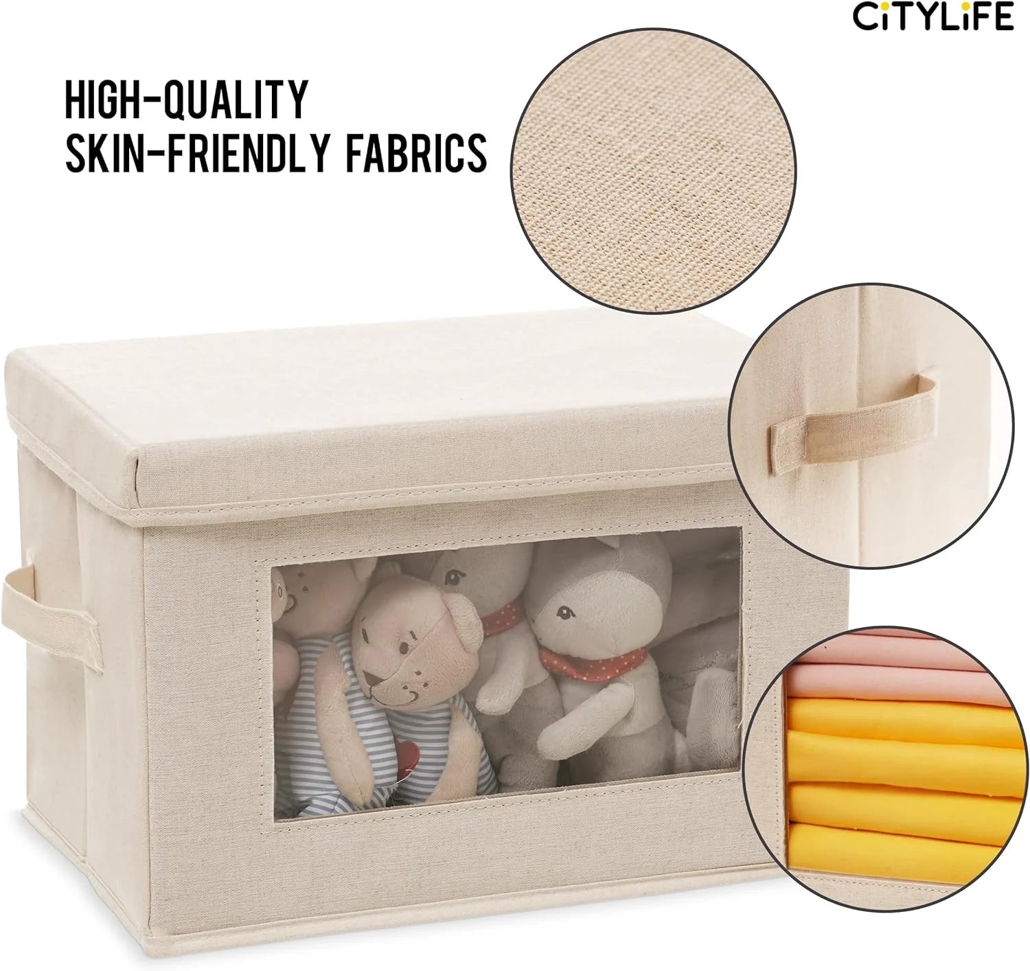 Citylife Collapsible Fabric Clothes Storage Bin with Handle Lid Large Foldable Box Basket for Closet 17"×11.8"×11.8" 3 Pack Biege