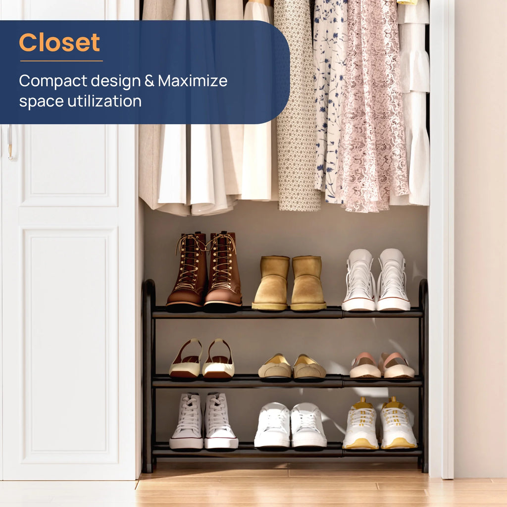 3 Tier Expandable Shoe Rack, Black Metal Shoe Shelf Organizer Storage for Closet, Space Saving Shoe Rack for Entrywa