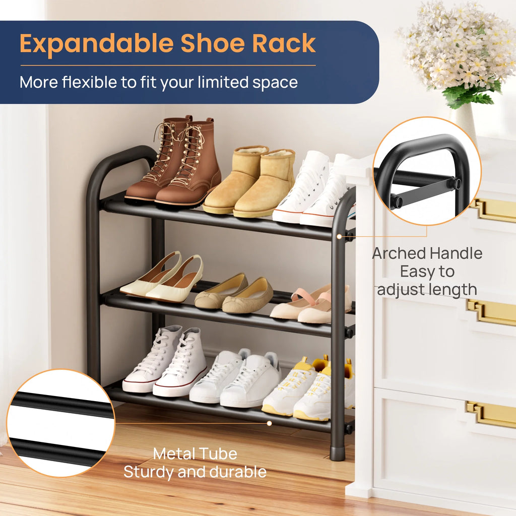 3 Tier Expandable Shoe Rack, Black Metal Shoe Shelf Organizer Storage for Closet, Space Saving Shoe Rack for Entrywa