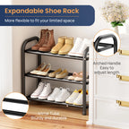 3 Tier Expandable Shoe Rack, Black Metal Shoe Shelf Organizer Storage for Closet, Space Saving Shoe Rack for Entrywa