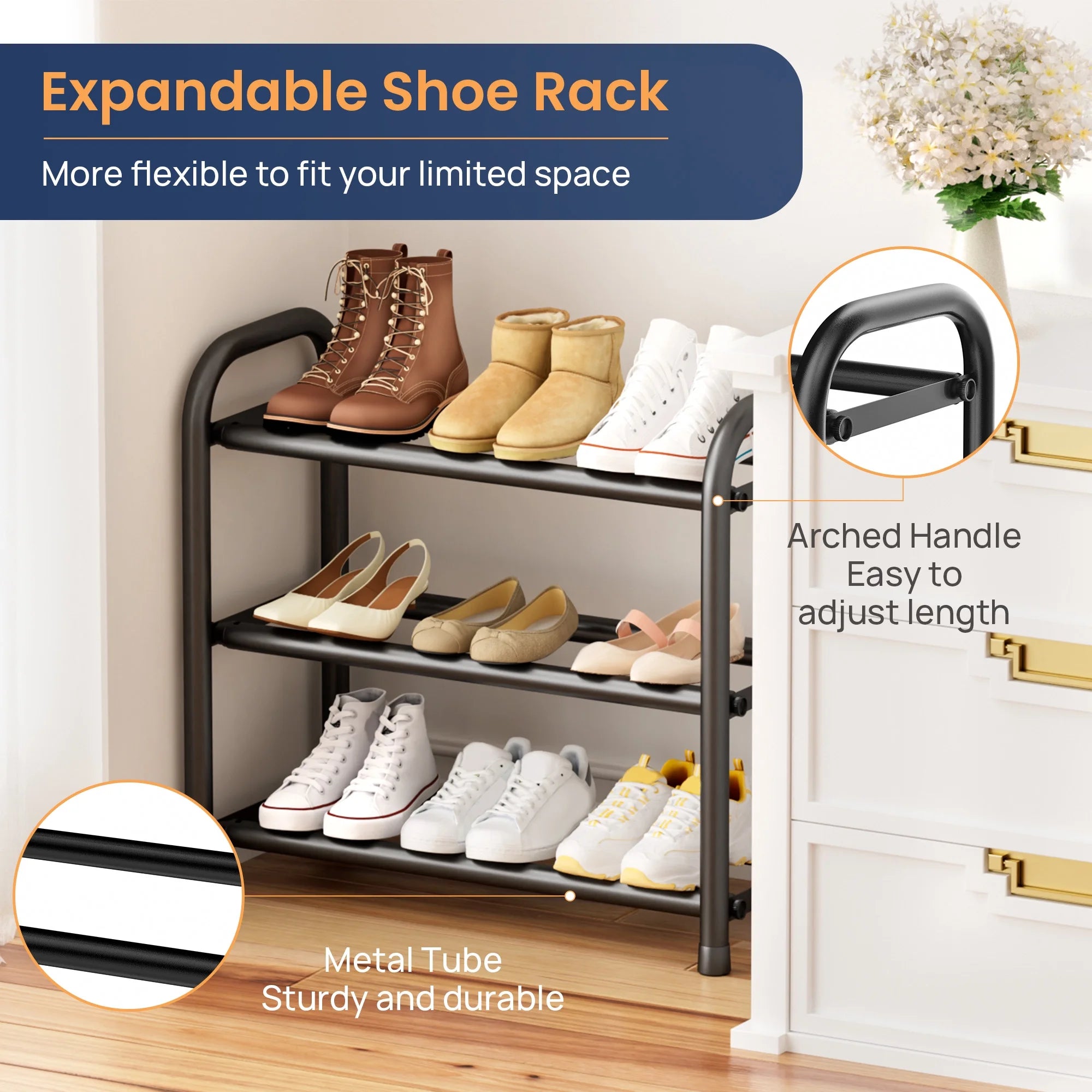 3 Tier Expandable Shoe Rack, Black Metal Shoe Shelf Organizer Storage for Closet, Space Saving Shoe Rack for Entrywa