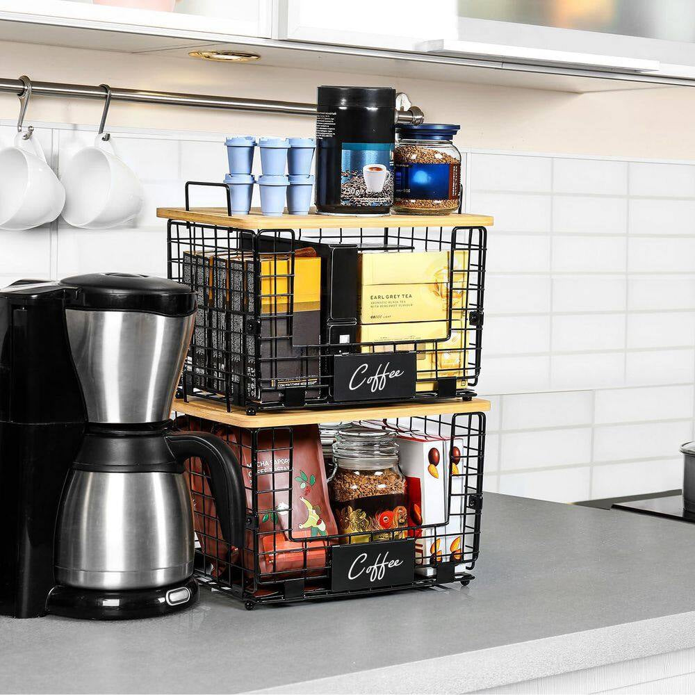 2-Piece Stackable Wire Baskets with Bamboo Tops, Pantry Organizer and Storage Bins, Kitchen Counter Cabinet Shelf